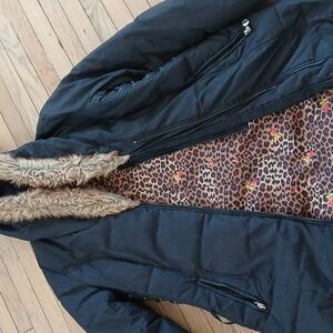 Betsey Johnson Black Puffer Jacket with Faux Fur Hood